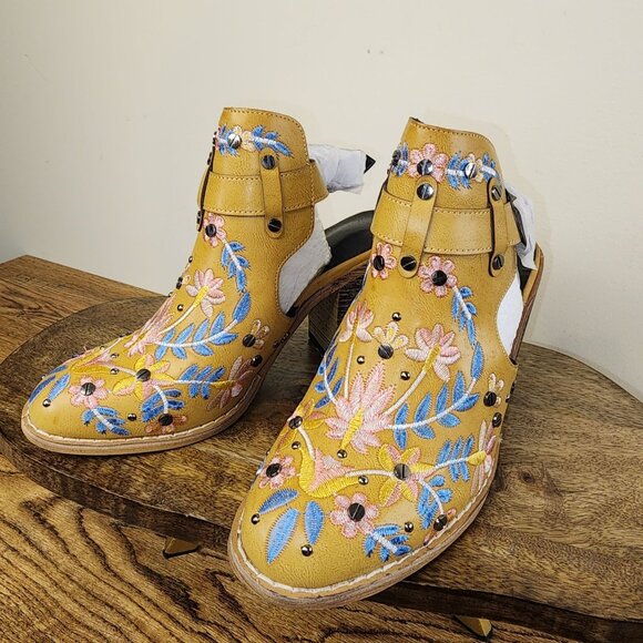 Shoes - Embroidered Chunky Block Heel Boot with Adjustable Buckle